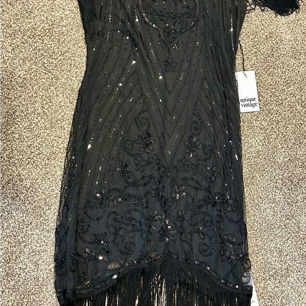 Unique Vintage Black Fringe Beaded Dress